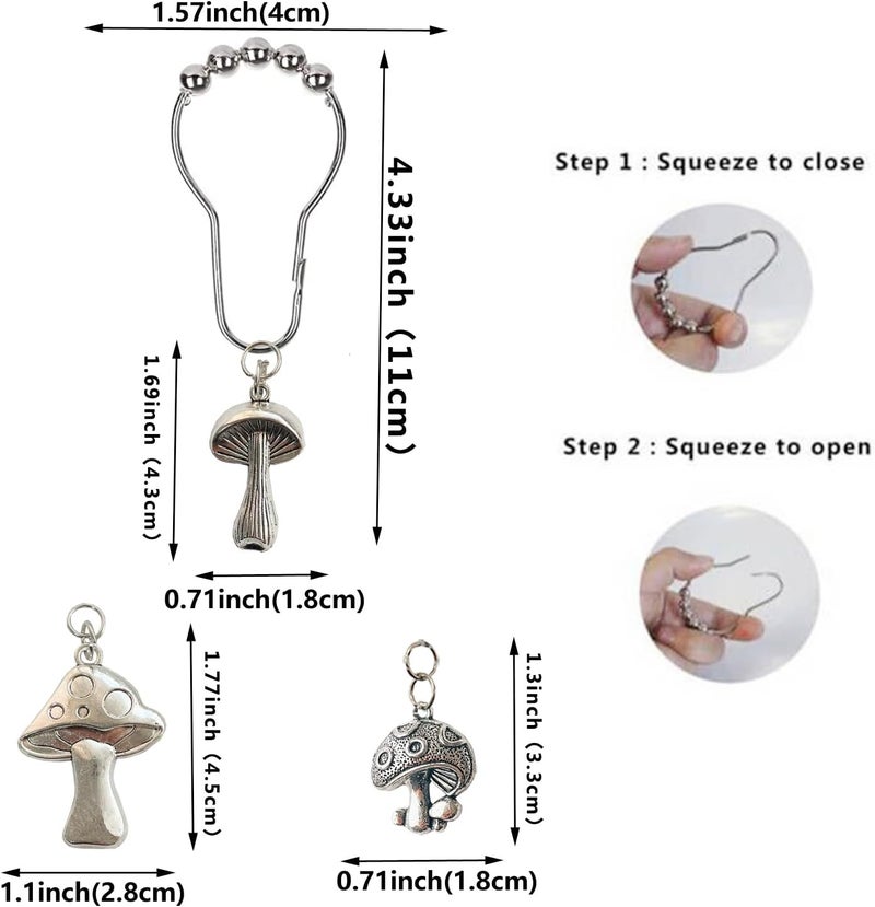 Daxingbu Mushroom Shower Curtain Hooks, 12Pcs Rustproof Metal Cute Retro Mushroom Shower Curtain Hooks Rings for Boho Fairy Forest Country Cottagecore Style Home Bathroom Decor (Silvery) - Image 2